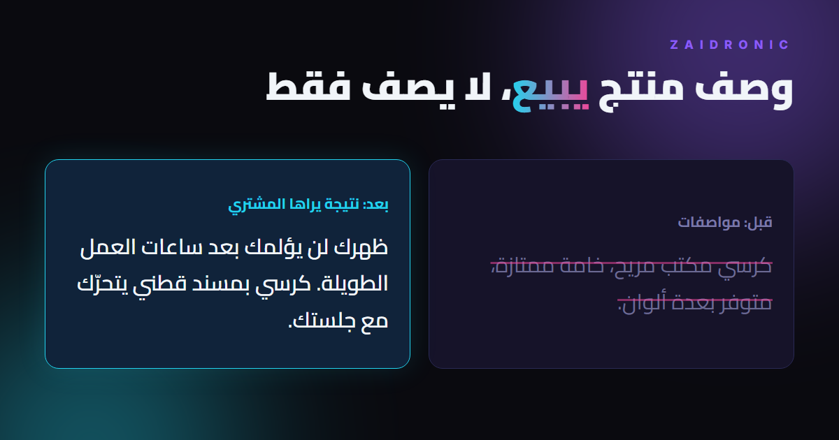 مقارنة بين وصف منتج يذكر المواصفات فقط، ووصف يذكر النتيجة التي يراها المشتري